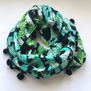 crown & ivy Green Black Leaf Print Infinity Scarf with Pom Poms